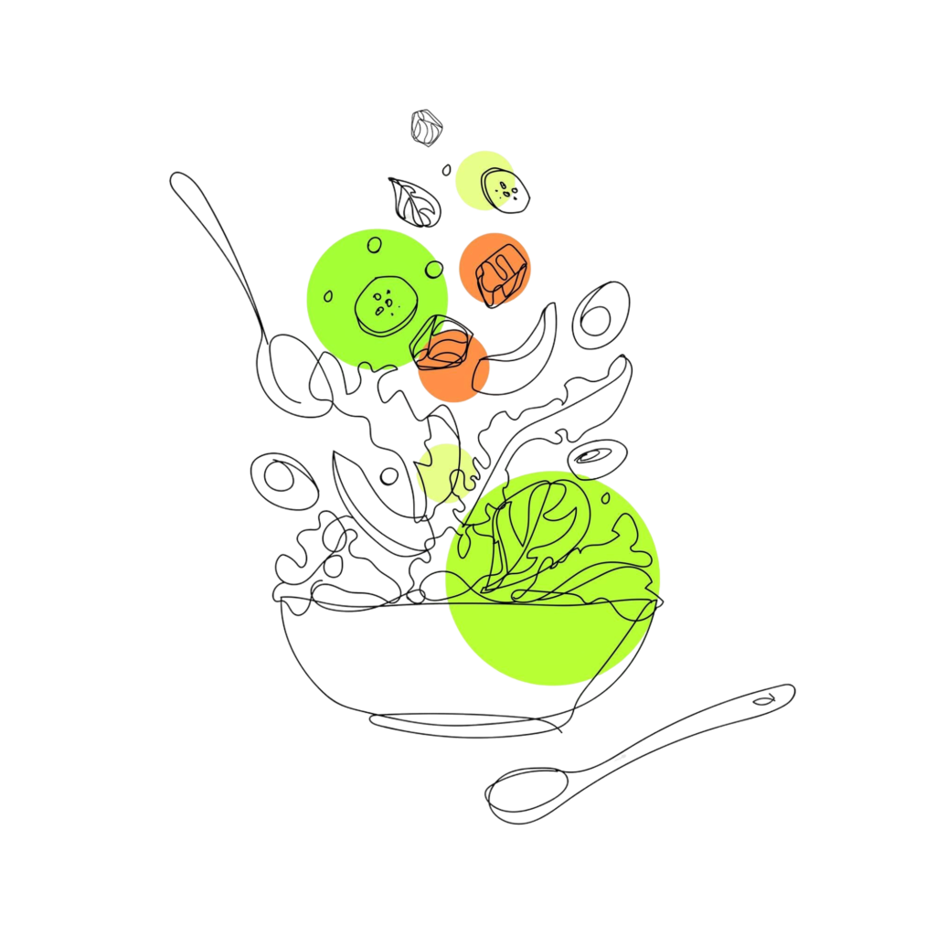 poke bowl with salmon avocado cucumber salad drawn outline style simple drawing