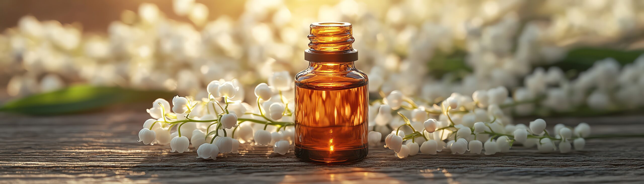 Tiny glass bottle of essential oil nestled among blooming lilyofthevalley flowers on a rustic table Tiny glass bottle of essential oil nestled among blooming lilyofthevalley flowers on a rustic table