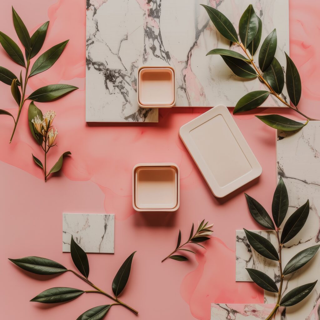 Kapsamlı Makyaj Eğitimi 2 two small white gift boxes surrounded by greenery pink background